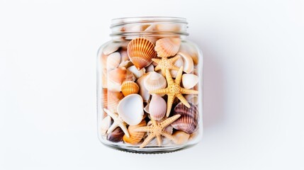 glass jar with seashells isolated on white background