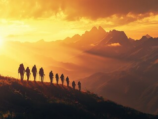 Hikers silhouetted against a vibrant sunrise over majestic mountains.