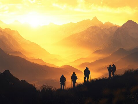 Silhouetted hikers trek across mountain ridge at sunset.