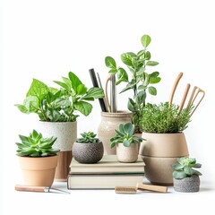Obraz premium Succulents, plants, books, tools, minimalist arrangement.