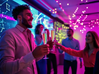 Happy diverse group of young adults toasting with champagne at a vibrant, neon-lit party.
