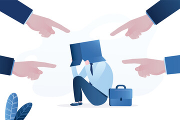 Depressed or tired businessman covered head with cardboard box, shameful. Toxic work, corporate slavery. Abuse, bullying colleagues.