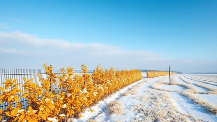 Fototapeta premium A row of yellow autumn leaves along a snow-covered fence fading into the distance against a blue December sky, yellow autumn leaves, snow covered fence