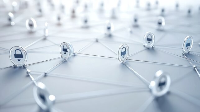 Digital security icons connected by lines on a white background. Modern graphic layout symbolizing data security and protection. 3D Rendering