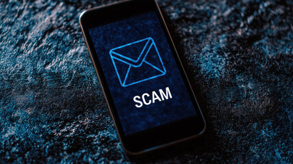 smartphone displaying scam email notification on dark surface