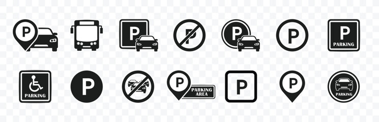 Parking signs with different shapes icon set, Car parking sign. Road signs, urban transportation, street, Parking traffic sign and parking map pin Outline icon style. vector illustration.