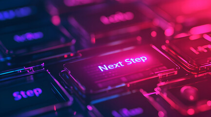 A close-up of a keyboard highlighting the "Next Step" key, illuminated in vibrant colors, reflecting themes of technology and digital progress.