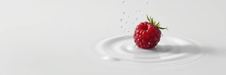 A single raspberry bursts into tiny droplets as it hits a shallow dish of water on a white surface creating a ripple effect, culinary, utensil, kitchen
