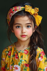 Fototapeta premium A little girl wearing a yellow floral dress and a yellow headband
