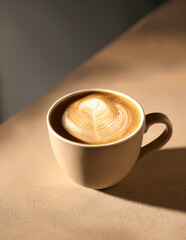 closeup hot coffee latte with shadow on the  beige concrete table