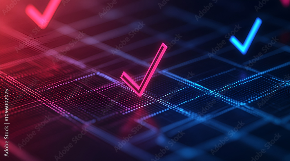 Poster a digital representation of checkmarks in vibrant colors, symbolizing tasks completed or verified in