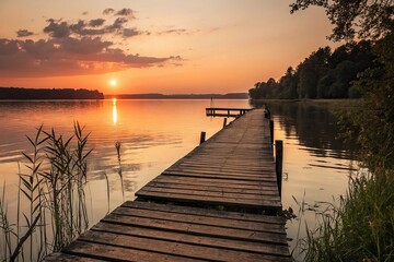 Obraz premium A small wooden dock juts out over a calm lake as the sun sets behind it casting a warm orange glow over the water, serene landscape, sunset