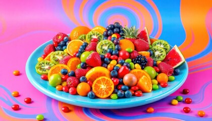 Naklejka premium fruits are displayed, including oranges, strawberries, blueberries, grapes, kiwi, watermelon, and more. They are rendered with a smooth, almost plastic-like texture and slightly exaggerated features, 