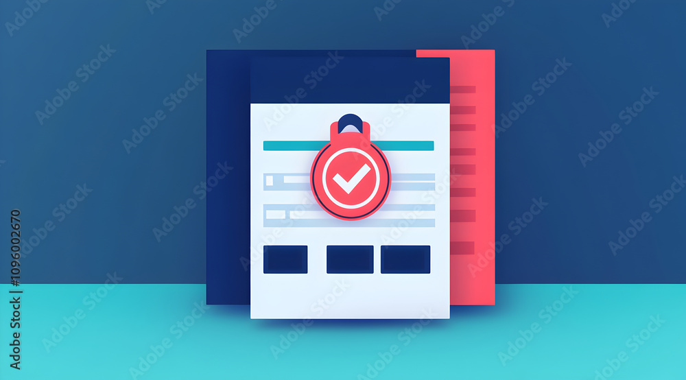 Poster a digital illustration featuring a document with a checkmark, symbolizing verification or approval, 