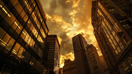 Obraz premium Dark skyscrapers standing against a golden sky at dusk.