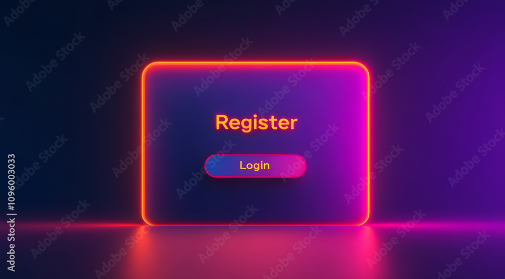 Poster a vibrant neon registration interface with a prominent 