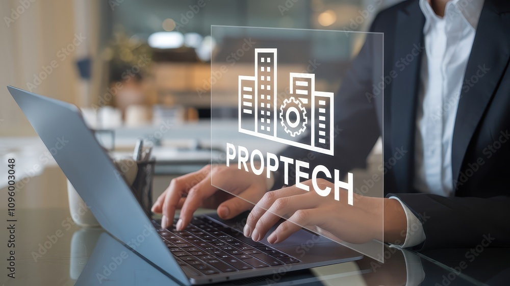Aufkleber proptech concept , a professional typing on a laptop. overlaying the laptop is a building outline wi