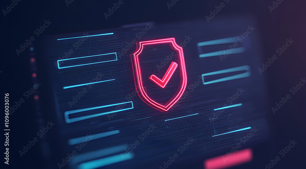 Poster a digital shield icon with a checkmark, symbolizing security and protection in a modern, tech-inspir