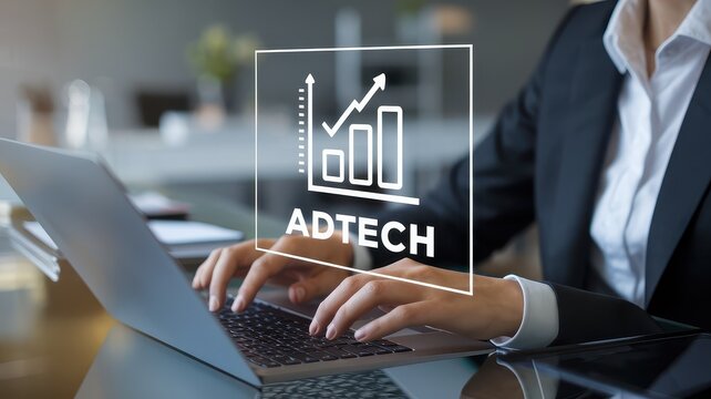 Adtech Data Analytics and Digital Technology Concept with Chart Graph Visualization Displayed on Laptop Computer Screen in Office Workplace Setting
