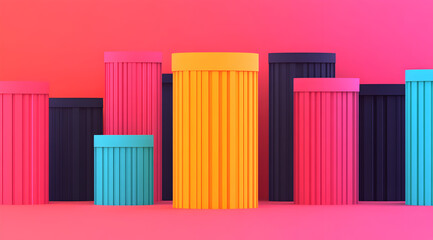 Obraz premium A vibrant arrangement of colorful cylindrical containers against a pink background, showcasing a modern, playful design.