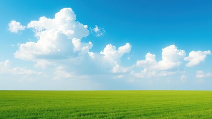 Obraz premium A stunning blue sky on a clear spring day with a few puffy white clouds and a vast expanse of open green fields stretching out as far as the eye can see, spring, natural scenery, blue sky
