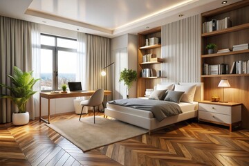 Fototapeta premium Elegant White and Wooden Hotel Interior with Bed, Workspace, and Panoramic Window â€“ Modern Apartment Design, 3D Rendering, High Depth of Field for Interior Decor Inspiration