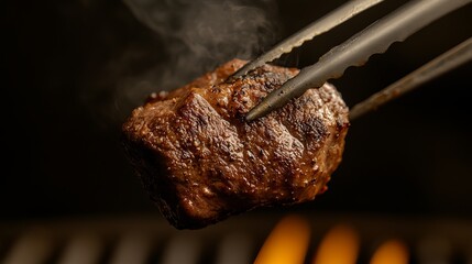 A perfectly grilled steak, with a crispy crust and juicy interior, is held up with tongs, with the flames of the grill in the background.