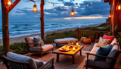 Cozy coastal patio with beach view and ambient lighting for relaxing gatherings