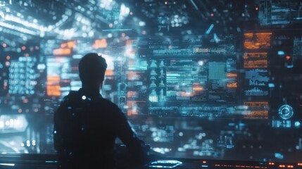 futuristic artificial intelligence based digital business data statistics management technology visualization through virtual display of icons or layers of virtual data layouts