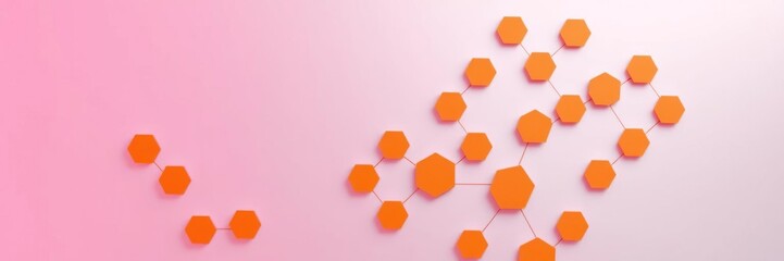 Obraz premium A stylized arrangement of orange hexagons on a gradient background with hues of pink and blue, geometric shapes, colorful design, artistic elements