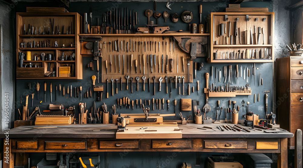Poster a well-organized woodworking shop featuring an extensive array of tools neatly arranged on the walls