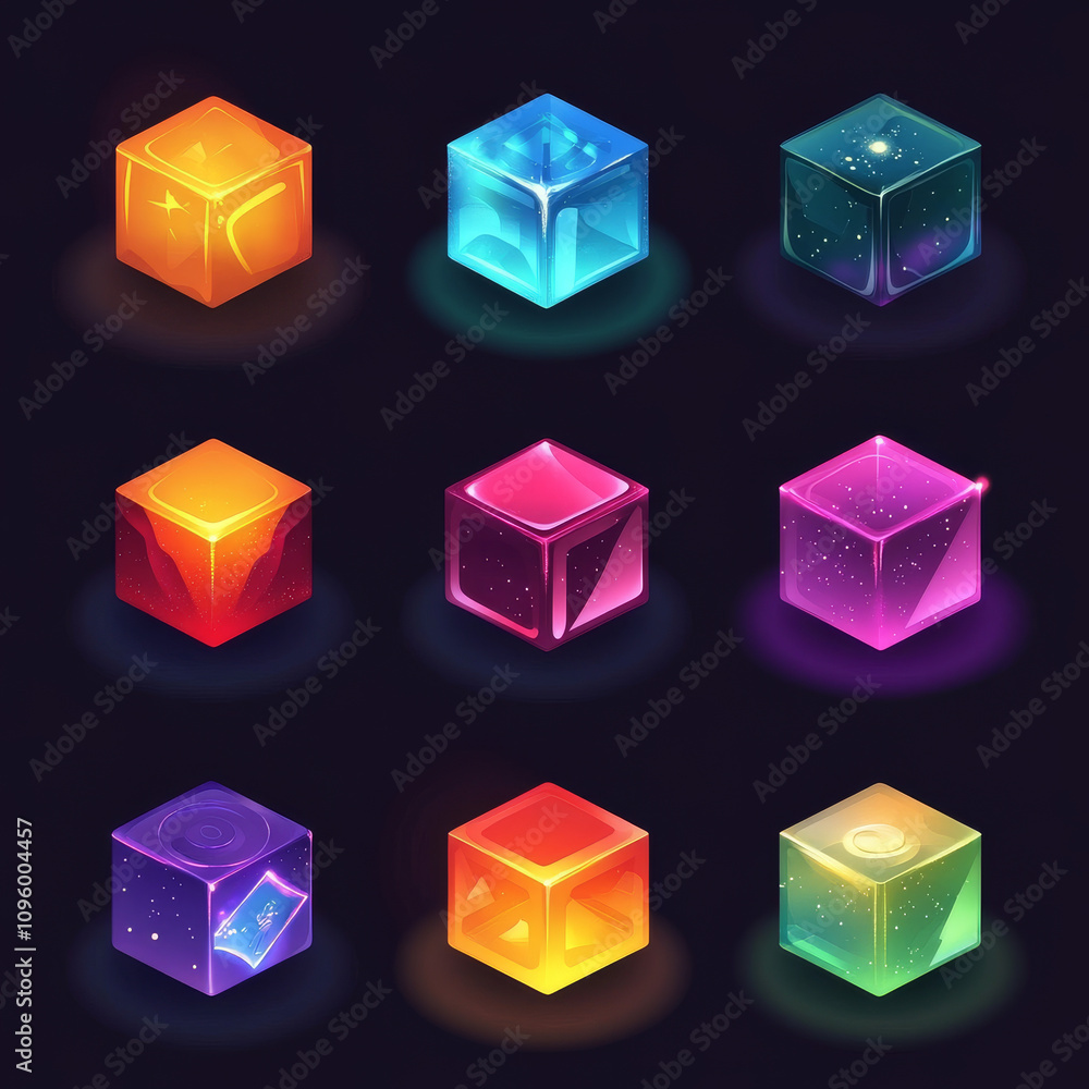 Poster a glowing 3d block set featuring a collection of bright cubes designed with a mystical and fantasy t