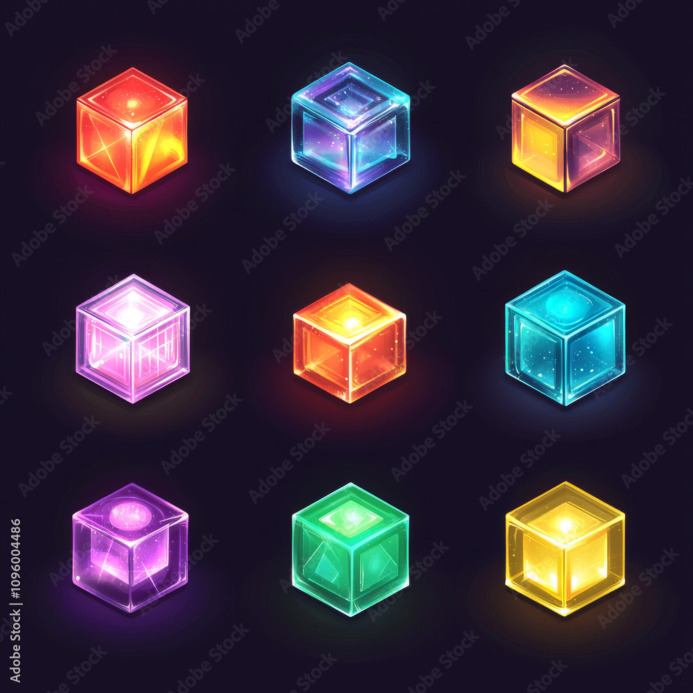 Poster a glowing 3d block set featuring a collection of bright cubes designed with a mystical and fantasy t