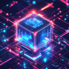 This concept visualizes a high-tech, futuristic environment featuring a glowing HUD energy box at the center. The design incorporates smart code elements and large amounts of big data, conveyed throug