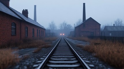 Fototapeta premium Train Tracks Vanishing into Fog: A moody, atmospheric image of train tracks receding into a dense fog, flanked by aged brick buildings and industrial chimneys.