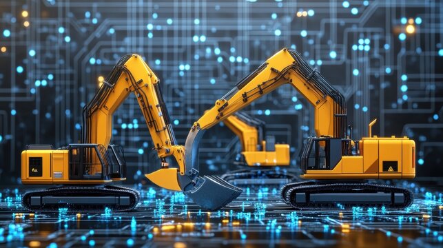 Industrial Excavators Interacting on Digital Circuit Background, Representing Technological Integration and Modern Construction Innovation