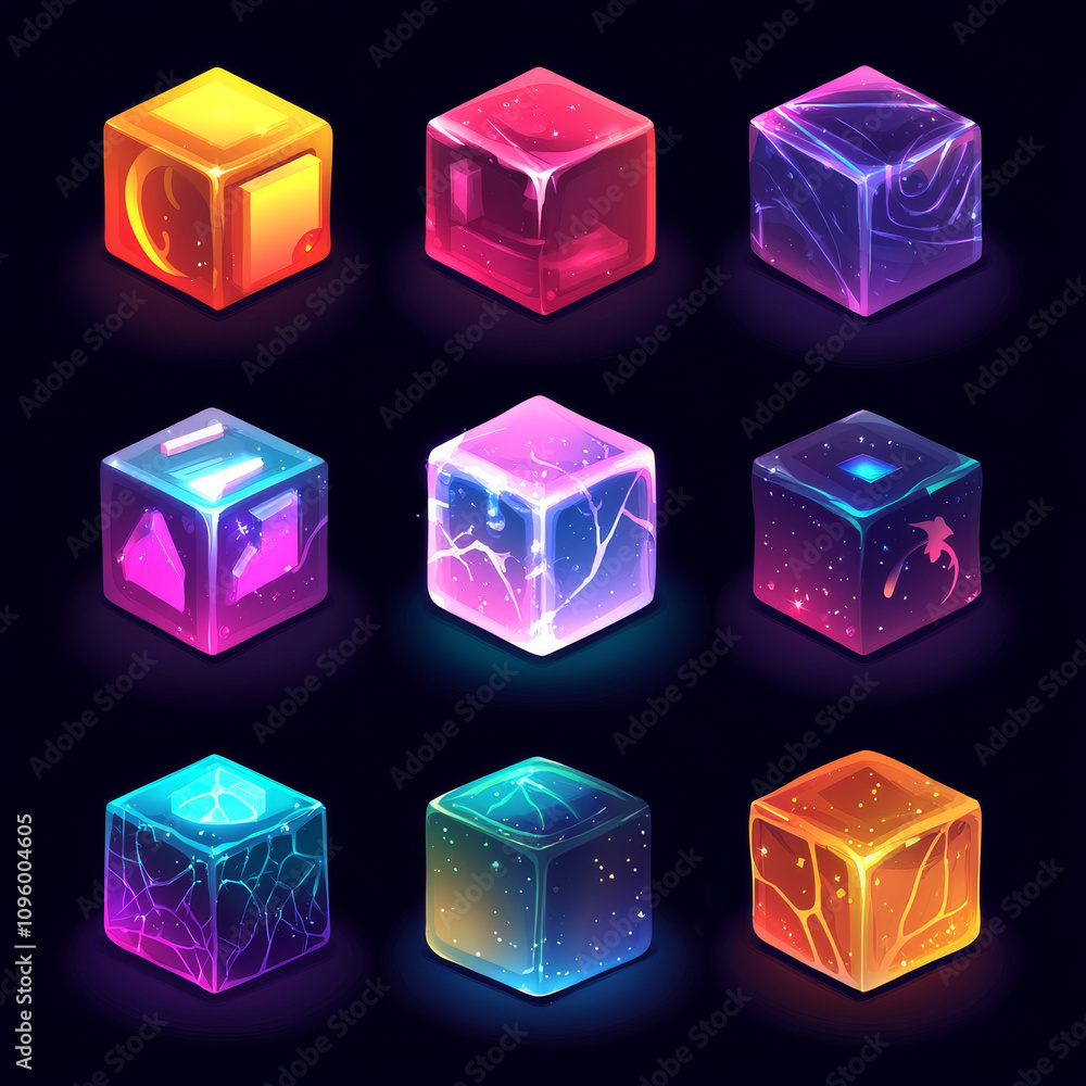 Poster a glowing 3d block set featuring a collection of bright cubes designed with a mystical and fantasy t