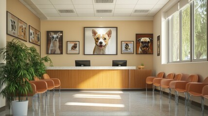 Bright and welcoming veterinary clinic reception area with pet portraits and comfortable seating