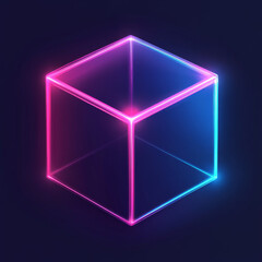 A glowing pink neon cube set against a dark background, featuring a futuristic box design. This 3D-rendered geometric figure embodies a clean, minimalistic aesthetic, with the soft neon pink glow illu