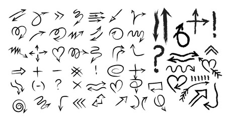 Hand drawn marker simple element set. Grunge doodle underlines, icons, signs, symbols, arrows and shapes. Isolated on white background.