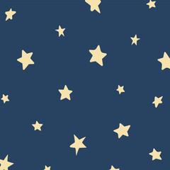 Minimalist star pattern with pale yellow stars scattered on a dark blue background. Playful and simple night sky design, perfect for wallpapers, textiles, or digital use.