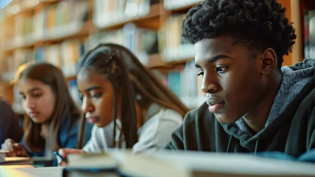 High school students studying in a library, emphasizing focus and academic dedication