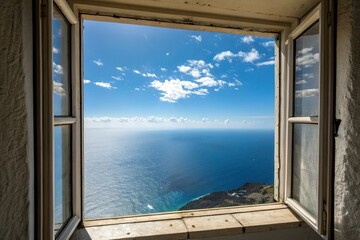 Fototapeta premium A window that frames a breathtaking view of the endless blue expanse above, view, landscape, sky, serene