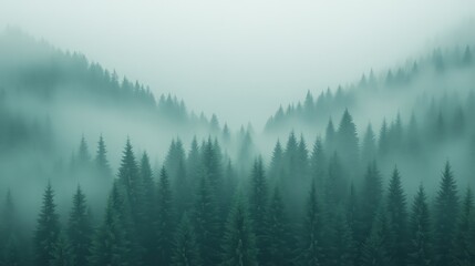 Obraz premium Serene Misty Autumn Landscape Featuring Tall Fir Trees in a Beautiful Dreamy Forest Surrounded by Soft Fog and Mountainous Horizons