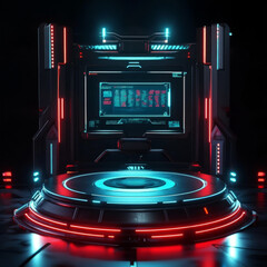Obraz premium A 3D illustration rendering of a gaming abstract background in Sci-Fi cyberpunk style featuring dynamic neon stage display and a futuristic showcase setup. The scene combines glowing neon lights, geom