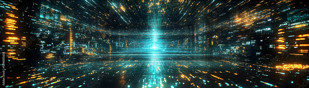 Aufkleber abstract 3d digital tunnel background with glowing turquoise and orange data streams