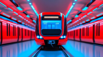 Obraz premium Futuristic Red Train in Tunnel: A sleek, red high-speed train emerges from a futuristic tunnel, bathed in blue and red neon lighting. The train's design exudes speed and innovation.