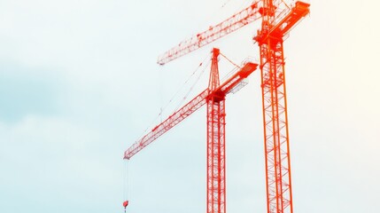 Reaching New Heights: Construction Cranes Against a Sky. Two towering red construction cranes dominate the frame, reaching towards a bright sky, symbolizing progress.