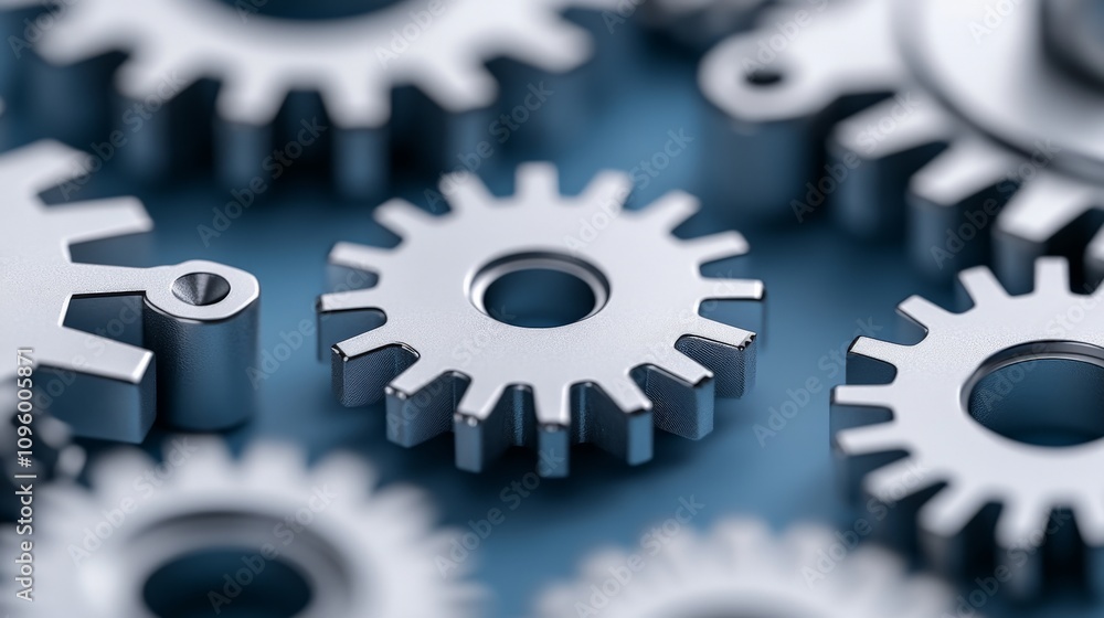 Poster interlocking gears: a close-up shot of a group of metallic gears on a blue background, representing 