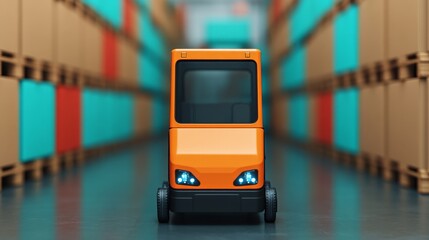 Autonomous Delivery Vehicle in Warehouse: Orange self-driving delivery robot navigating a warehouse aisle lined with colorful cardboard boxes.